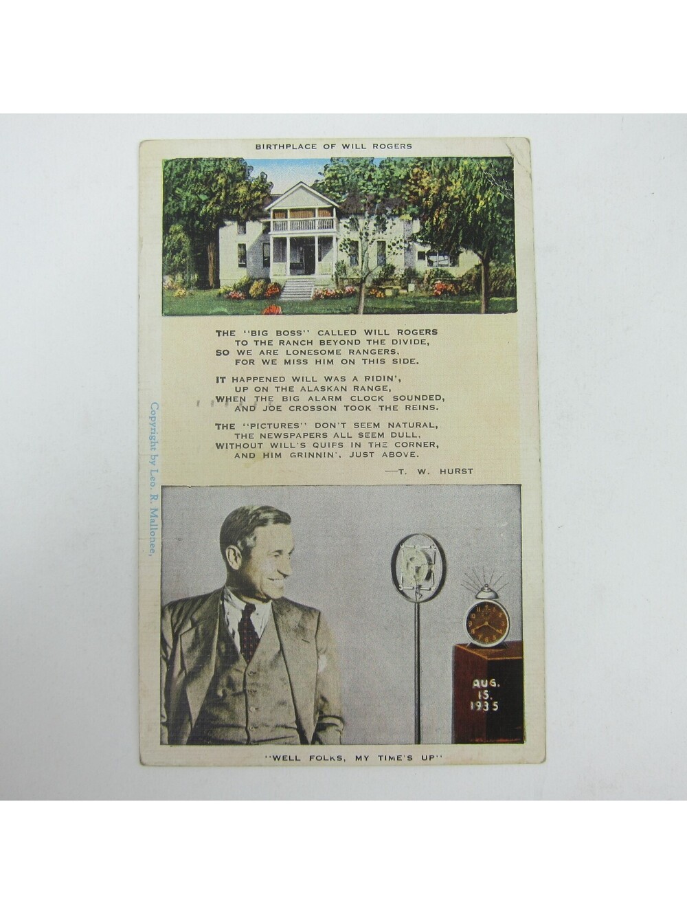 Linen Postcard Will Rogers Birthplace Home Oklahoma T.W. Hurst Poem Vintage 1945